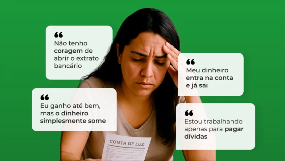 Mulher preocupada com contas e frases sobre dificuldades financeiras